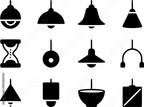 Collection of black silhouette pendant lights and hourglass white background lamp
