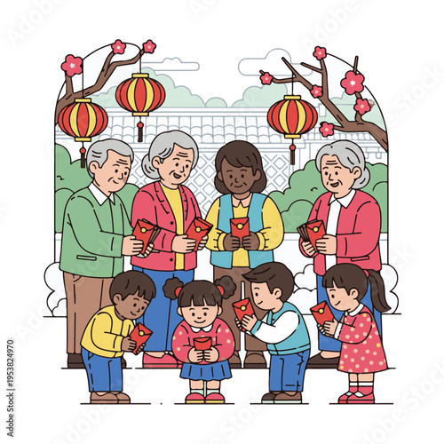 Multi generational people holding flowers together.