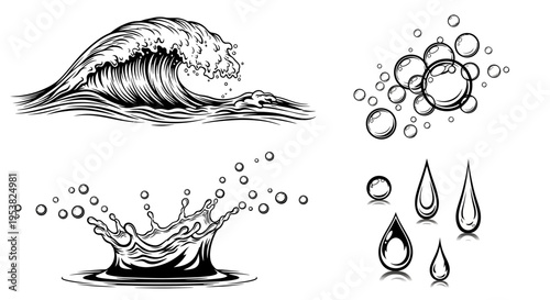 Set of Hand Drawn Water Elements Wave Splash Bubbles and Droplets