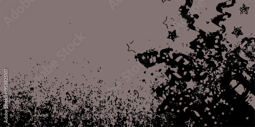 Vintage grunge illustration of bird silhouettes in the grass and snowy sky featuring black ink splatters, a floral pattern border, and a dirty paper texture design