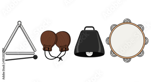 Set of Percussion Instruments Including Triangle Castanets Cowbell and Tambourine