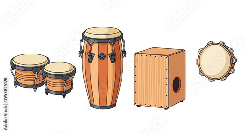 Set of Various Percussion Instruments Isolated on White