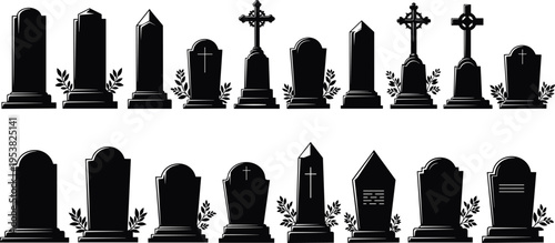 Collection of sixteen gravestone silhouette illustrations with crosses, inscriptions, and floral decorations, representing cemetery monuments, memorial art, death symbolism, and Halloween 