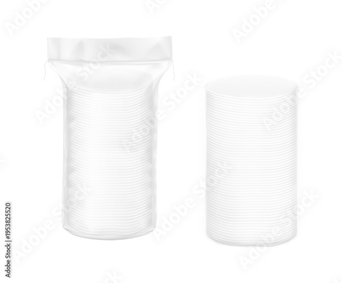 Clear packaging bag with round cotton pads mockup. Vector illustration isolated on white background. Template for your product, design. EPS10.