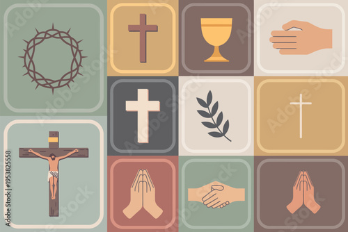 Flat representing faith and spirituality cross crucifix