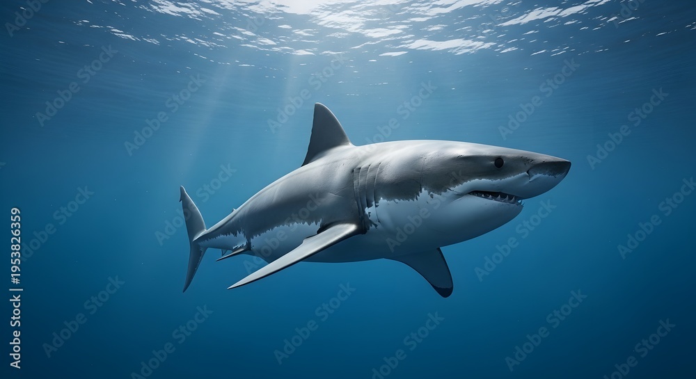 Obraz premium Powerful Great White Shark Swimming Deep Blue Ocean Water