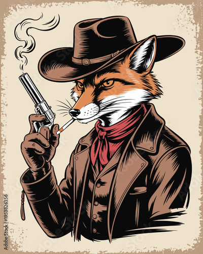 Fox gunslinger in red poncho smoking cigarette with revolver