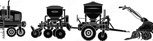 tractor, seeder, planter, tiller, cultivator, soil, crop, farm, field, machinery, agriculture, equipment, silhouette, modern, tool,
farm tractor, seed planter, soil 