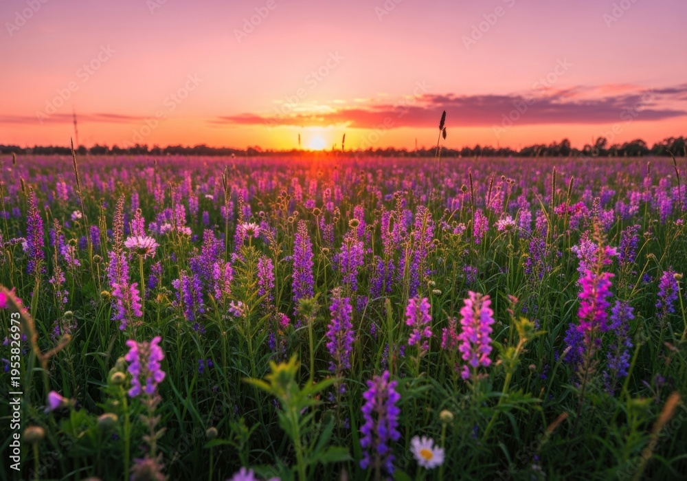 Fototapeta premium Vibrant purple wildflowers in a lush green field at sunset