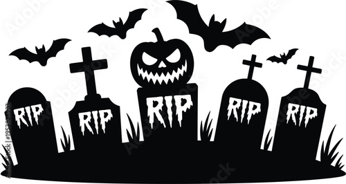 Halloween graveyard silhouette with pumpkins bats and tombstones, spooky cemetery scene for horror design vector