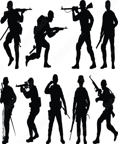 Black silhouettes of armed soldiers in tactical combat poses with rifles, military personnel illustration representing warfare, defense, security, and combat readiness concept
