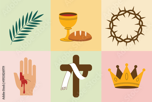 Minimal flat Easter set with palm branch cross and basket