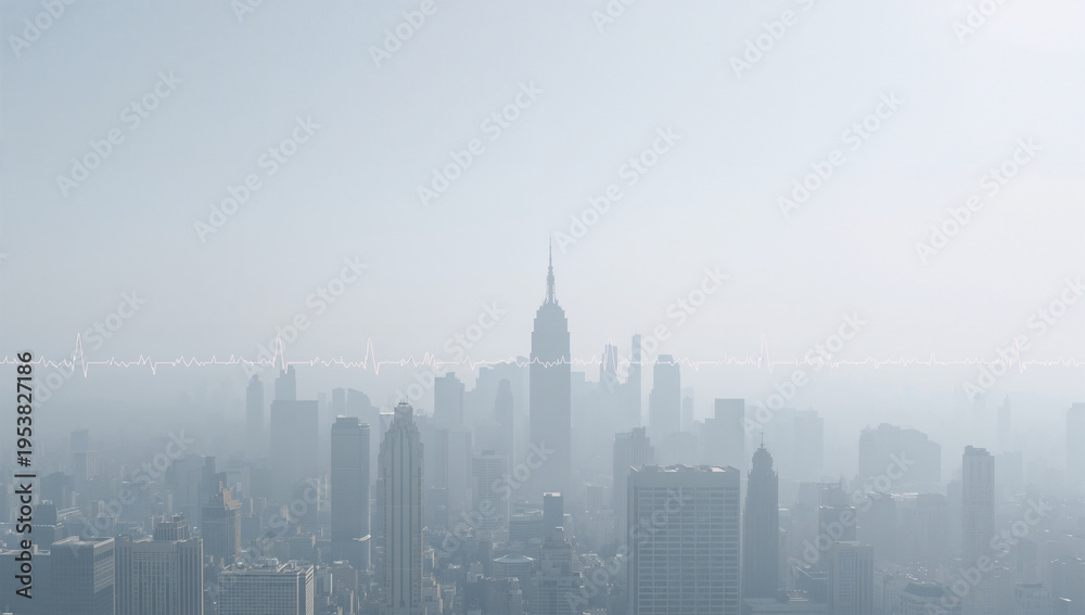 Obraz premium 都市の心拍を表す心電図スカイラインが生命を象徴するミニマル風景