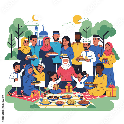 Diverse family having outdoor picnic together.
