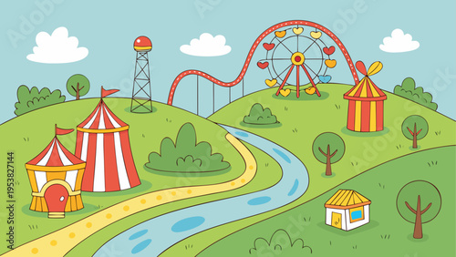 A whimsical cartoon illustration depicting a colorful amusement park set in a rolling green landscape