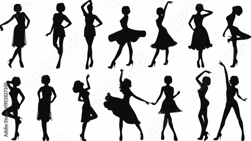 A set of elegant black silhouettes of women dancing in various poses on a white background
