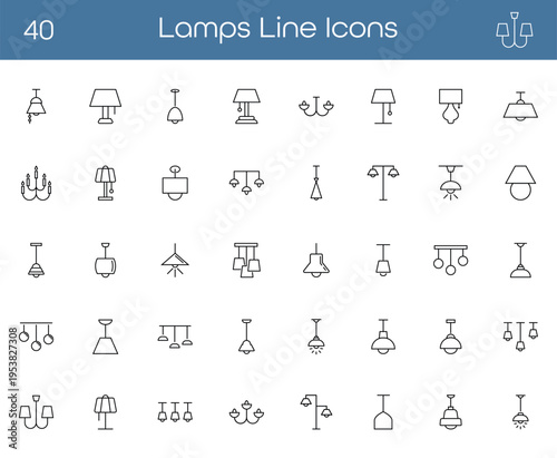 Collection of lighting and lamp line icons. Linear vector symbols with table lamps, floor lamps, ceiling lamps, and chandeliers. Perfect for interior design, home decor, and electricity concepts.