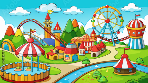A vibrant and colorful cartoon amusement park featuring a roller coaster and a large ferris wheel