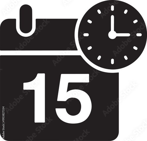 Calendar icon with clock showing the 15th day, representing time and scheduling.
