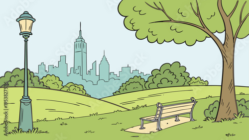 A serene park scene with a wooden bench under a large tree featuring a city skyline in background