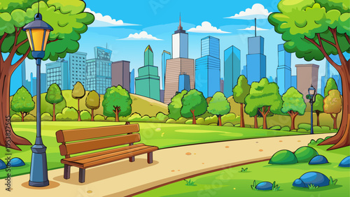 A serene city park with a wooden bench under a street lamp overlooking a modern skyline backdrop