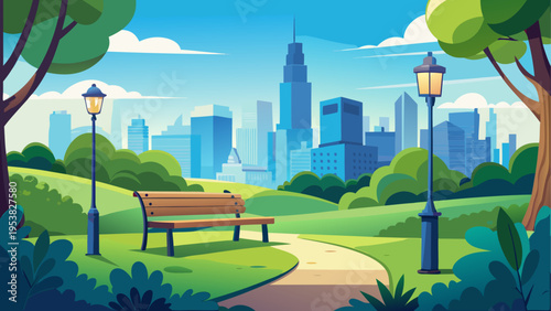 A serene city park featuring a wooden bench on a walking path with a modern skyline in the distance