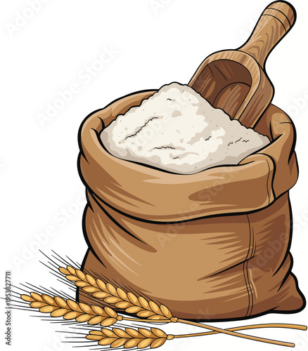 Brown sack filled with white flour and wooden scoop, golden wheat stalks in front, symbolizing grain harvest, agriculture, food production and baking ingredients illustration
