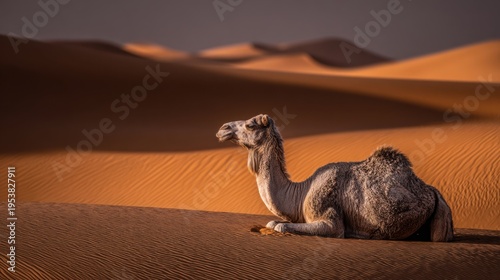 A lone dromedary camel resting serenely on rippled sand dunes under a soft twilight sky.