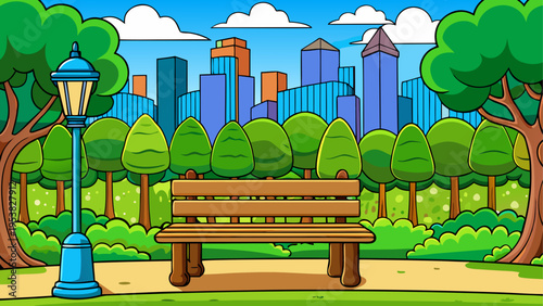 A vibrant cartoon illustration featuring a wooden park bench with a lamp post in a city setting