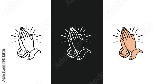 Minimalist vector illustration set displaying three variations of praying hands icons with radiating light.