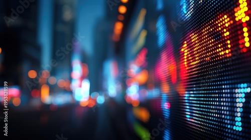 Stock market display against blurred cityscape