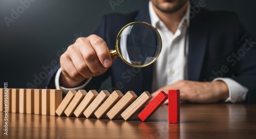 Focused businessman closely scrutinizes red dominoes falling, representing stress resistance, financial stability, and vital risk assessment