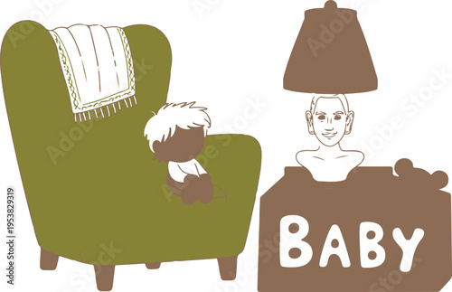 Garage sale and flea market scene with vintage items, second-hand clothes, retro furniture, books, and interior decorations illustration