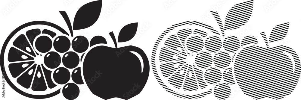 Fototapeta premium Intricate black and white embroidery of citrus and apple fruits with crosshatching patterns