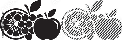 Intricate black and white embroidery of citrus and apple fruits with crosshatching patterns
