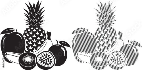 Assorted tropical and temperate fruits displayed in a still life arrangement