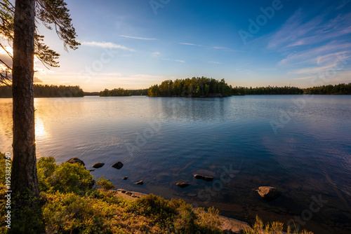 Lake  with sunset and light