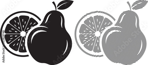 Graphic illustration of citrus fruits and pears with different shading effects