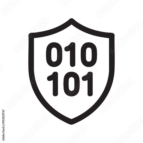 A graphic illustration of a shield with binary code numbers on a white background represents security and technology.