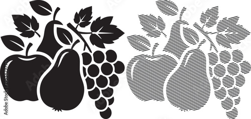 Black and white illustration of assorted fruits and grapes in a vintage style