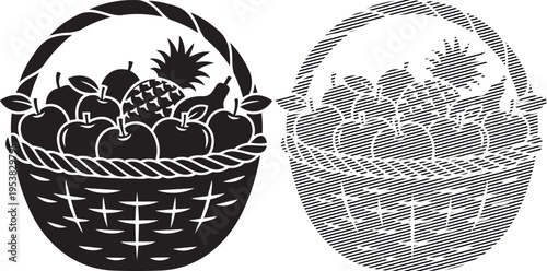 Two intricately woven baskets filled with fresh fruits and greenery
