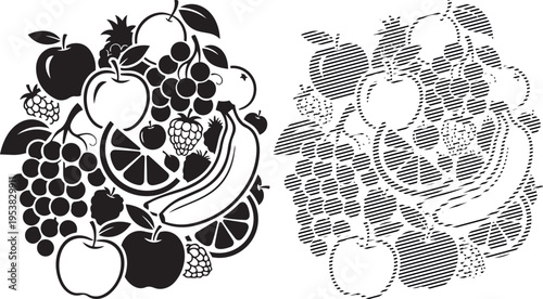 Black and white illustration of fruits and vegetables in basket and pattern design