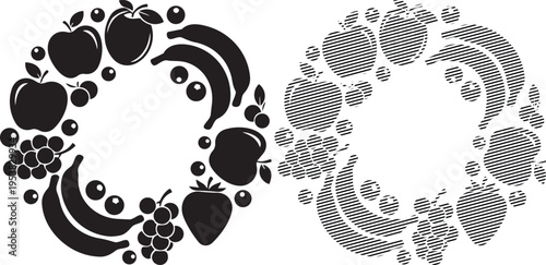 Intricate geometric patterns and organic apple motifs intertwined in artistic designs