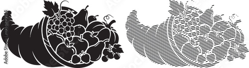 Traditional cornucopia filled with fruits and a decorative cornucopia outline