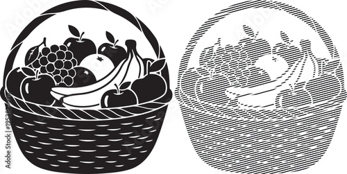 Basket and woven container filled with various fruits and vegetables