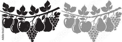 Comparative illustration of a realistic and pixelated grapevine with clusters of fruit