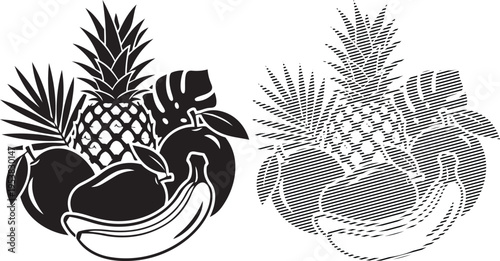 Intricate black and white botanical vases with pineapple and fruit motifs