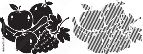 Traditional embroidery and illustration of apples and grapes on fabric and paper