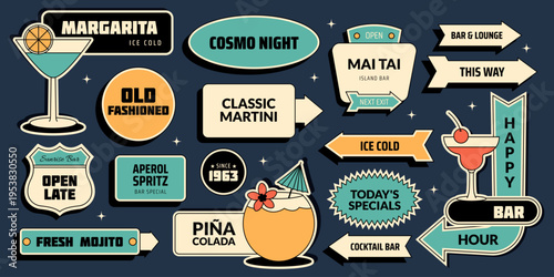 Retro cocktail and bar sticker set with classic drinks, motel signboard and more. Fun nightlife vector illustration in vintage colors, mid century 1950s style
