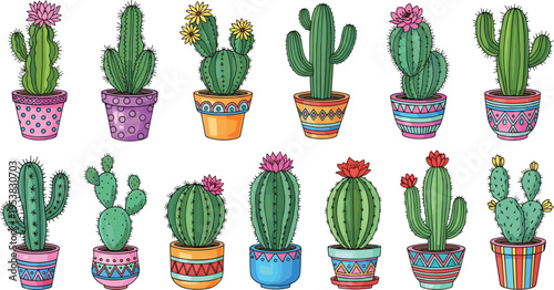 Colorful cartoon cactus plant collection in decorative pots with flowers and vibrant geometric patterns, creative botanical illustration for gardening, decoration, and educational design projects.
